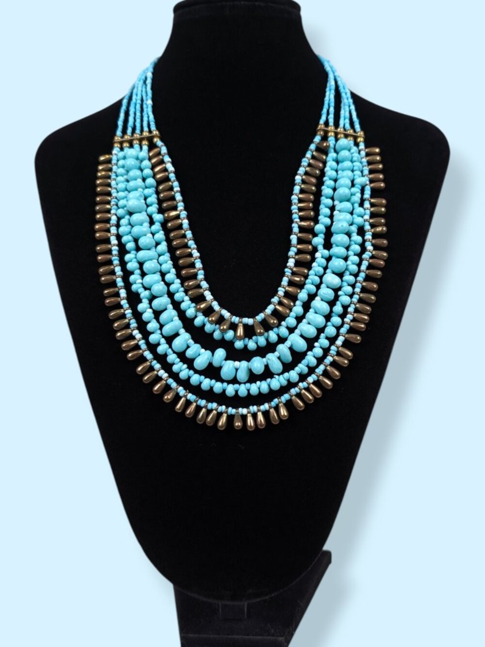 (2/$20) 5-Strand Blue & Metallic Gold Beaded Statement Necklace